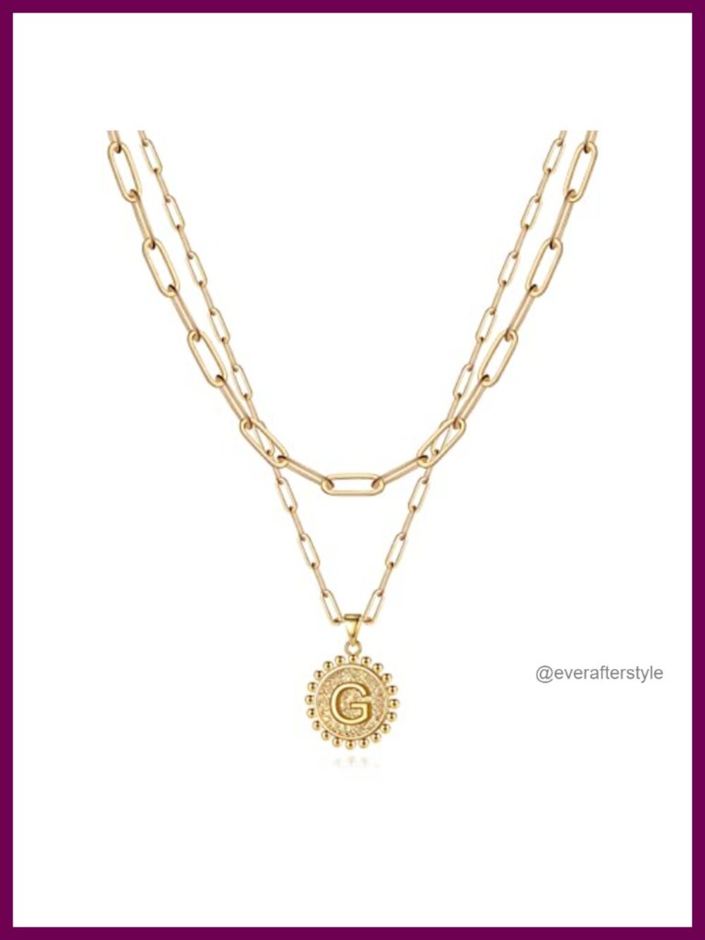 Layered Initial Necklace - 14K Gold-Plated Dainty Paperclip Chain Coin Pendant